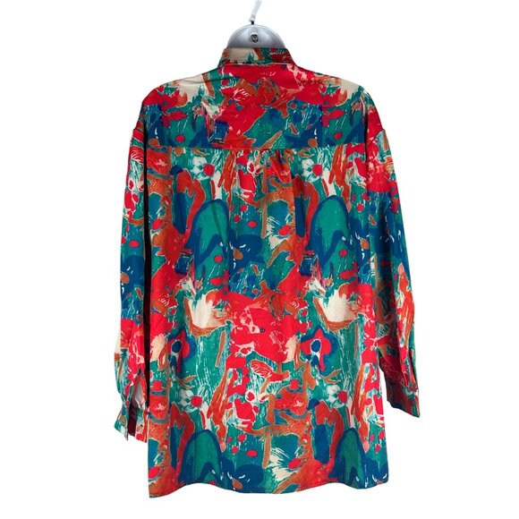 Vintage Abstract Print Button-Up Blouse Size S Polyester Red/Green - Picture 3 of 6